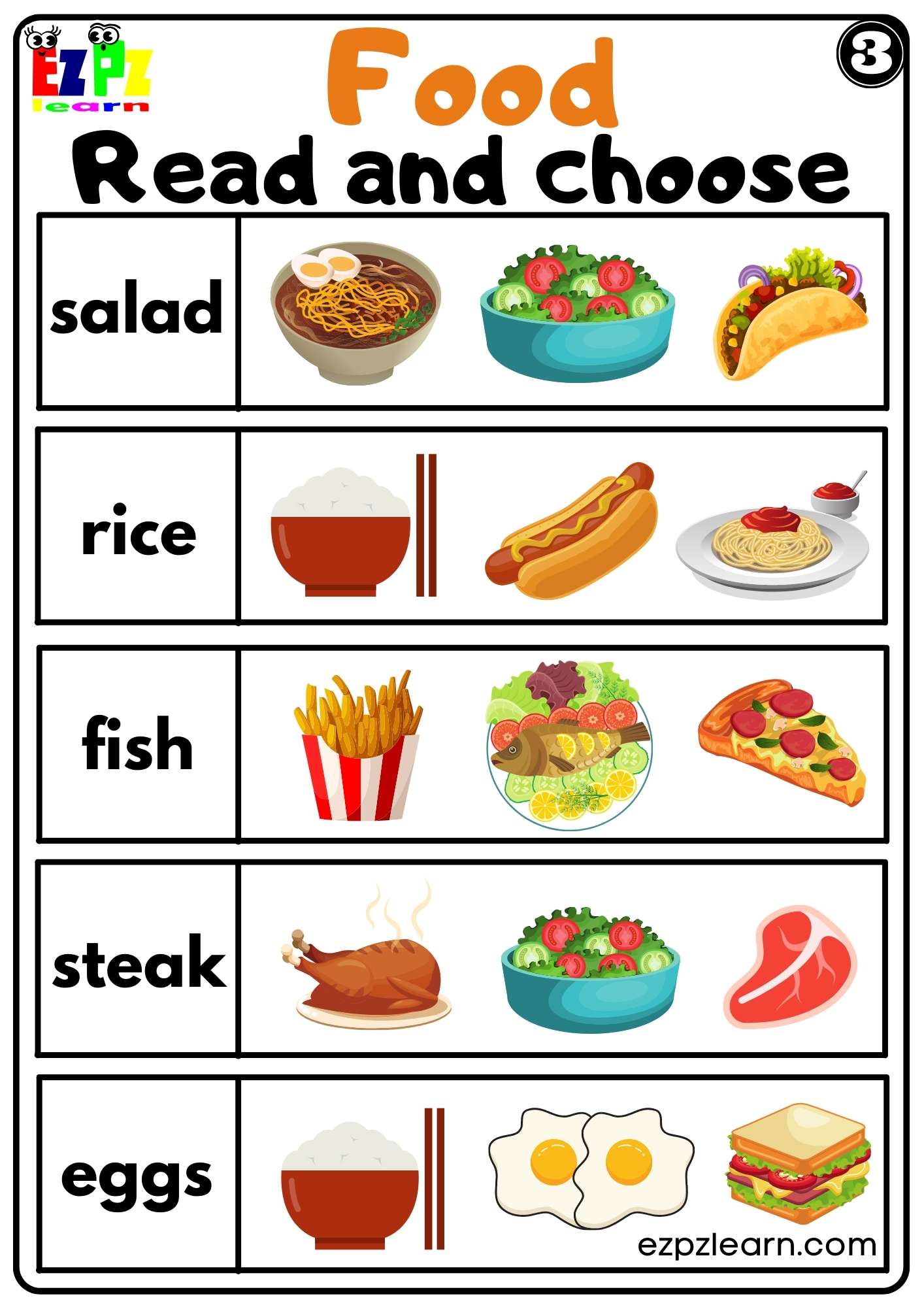 Food read and choose worksheet for kindergarten k5 and esl pdf download